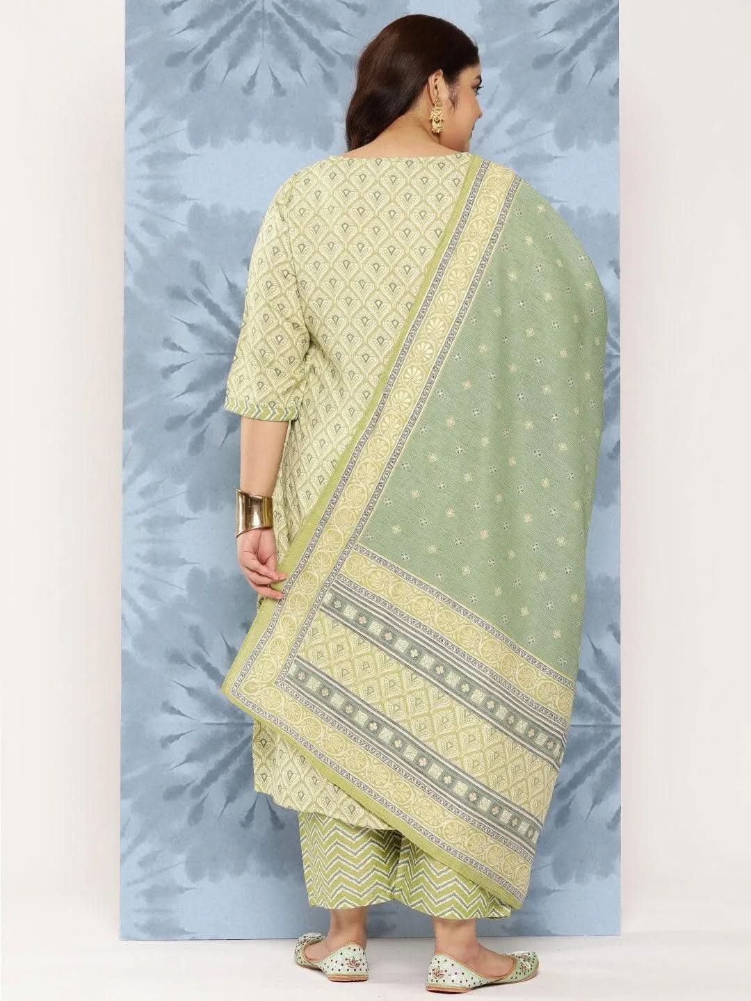 Olive Printed Rayon Straight Kurta With Trousers and Dupatta - Libas 