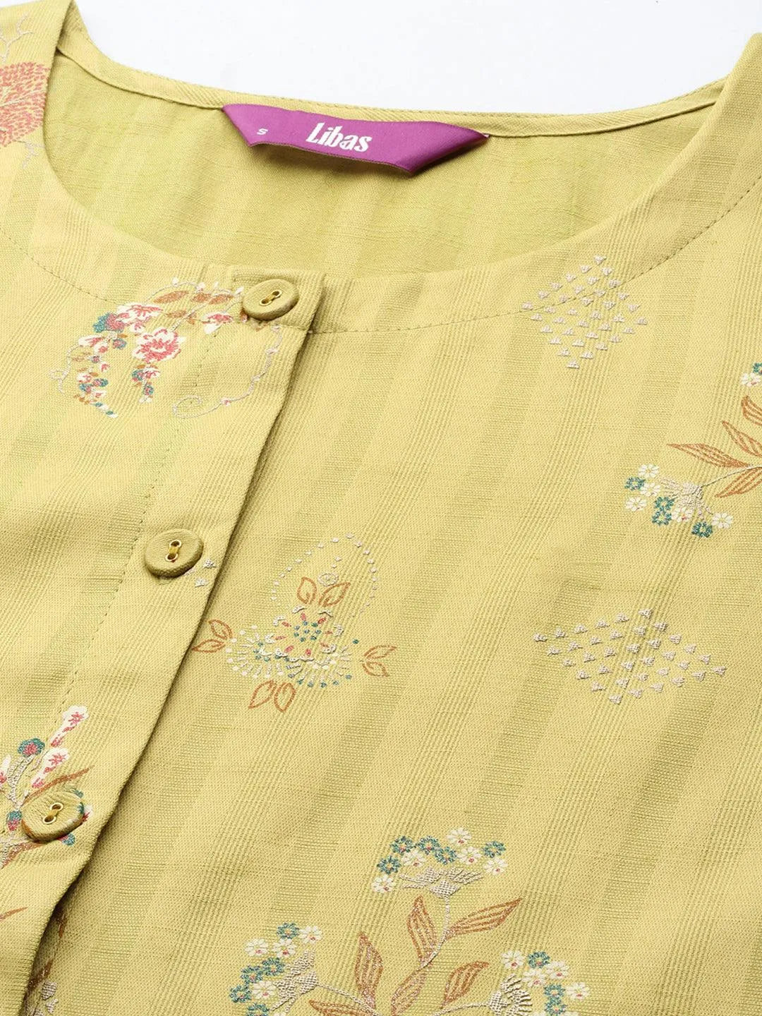 Olive Printed Silk A-Line Kurta - Libas 