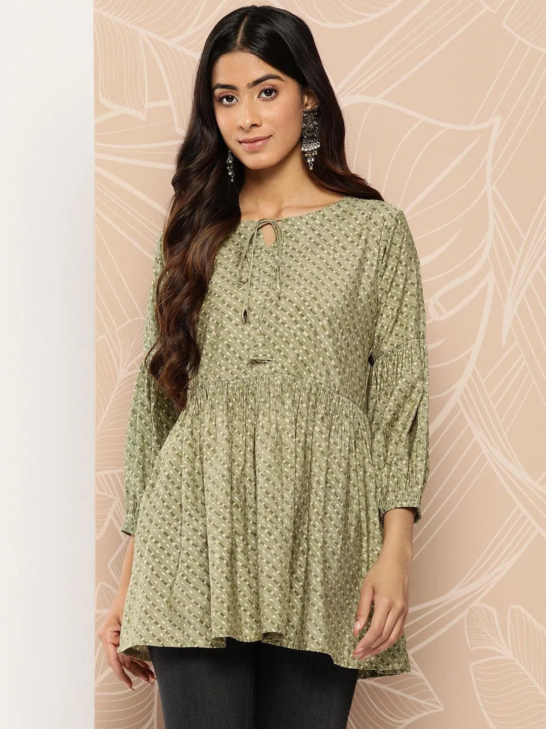 Olive Printed Silk Blend A-Line Kurti - Libas