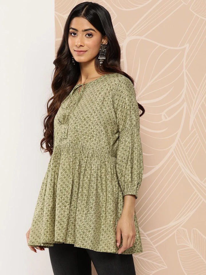 Olive Printed Silk Blend A-Line Kurti - Libas