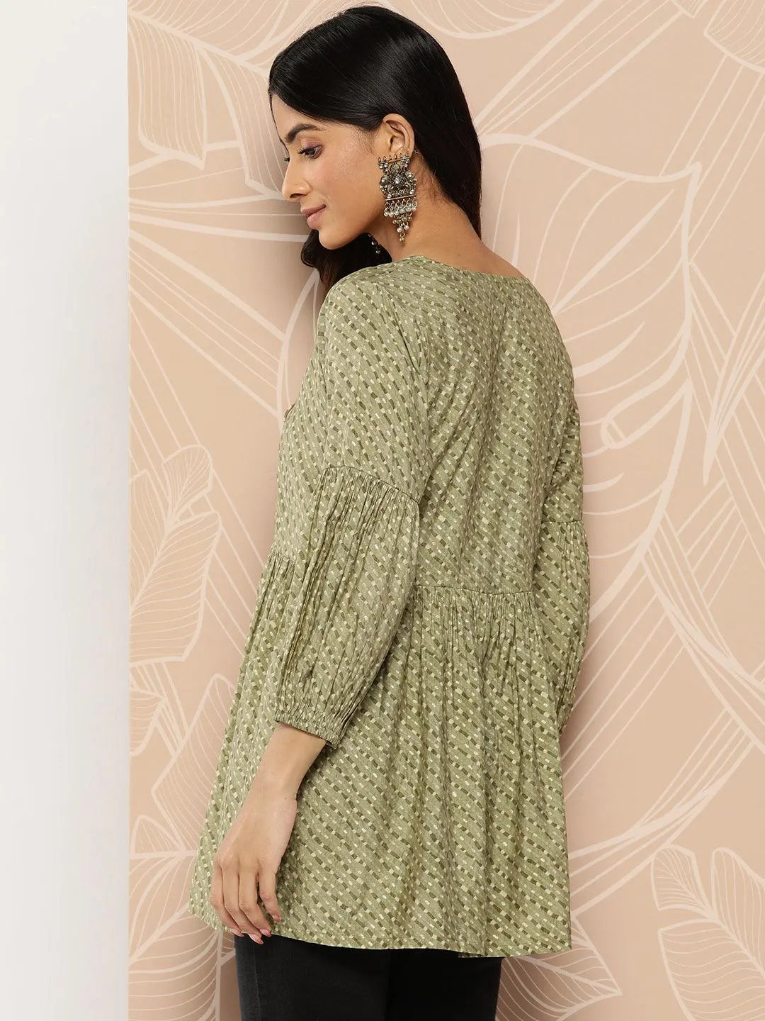 Olive Printed Silk Blend A-Line Kurti - Libas