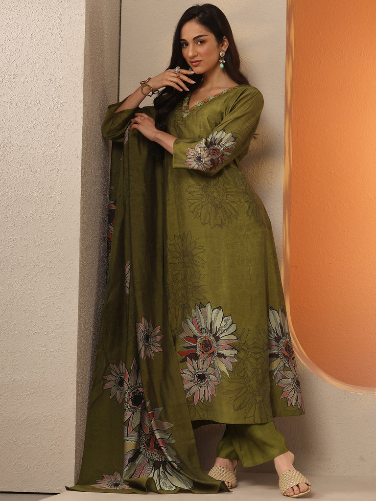 Libas Olive Printed Silk Blend A-Line Suit Set With Dupatta