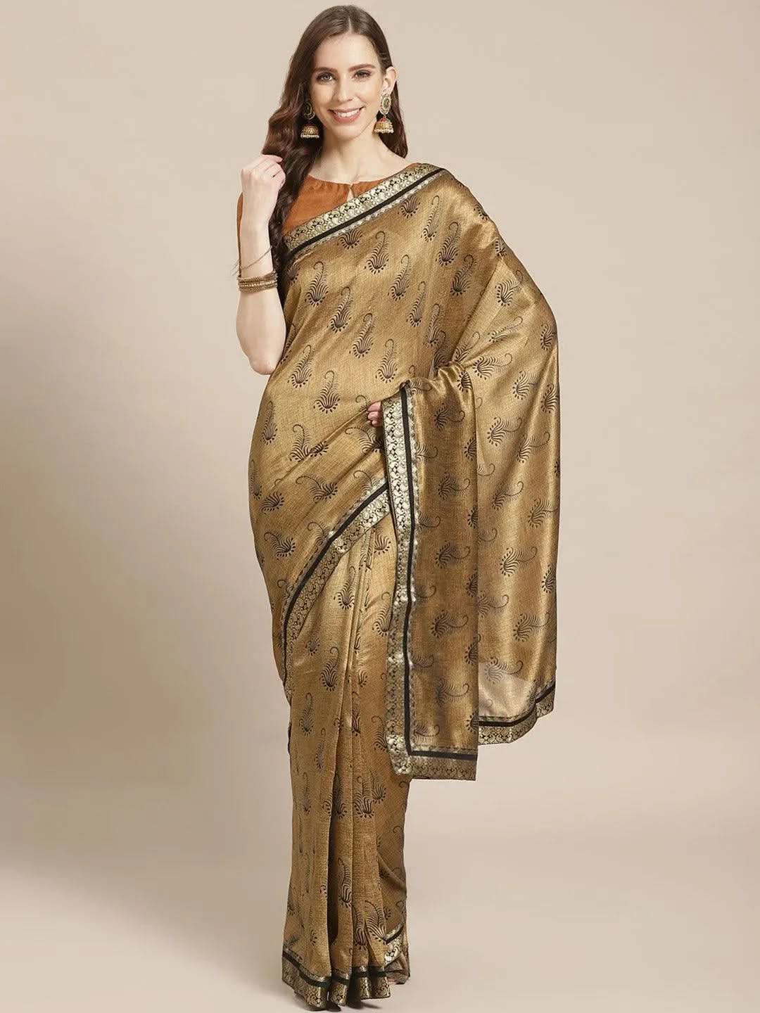 Olive Printed Silk Blend Saree - Libas 