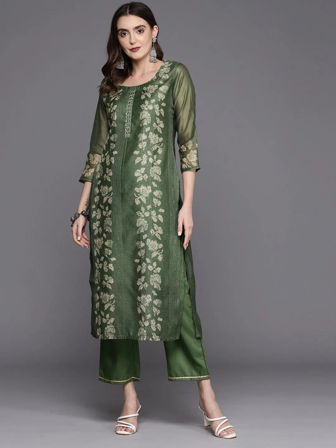 Olive Printed Silk Blend Straight Kurta With Trousers - Libas 