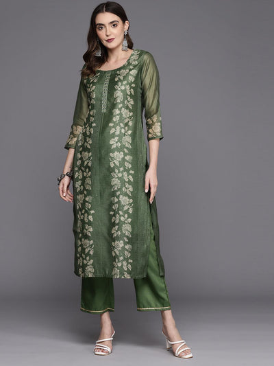 Olive Printed Silk Blend Straight Kurta With Trousers - Libas