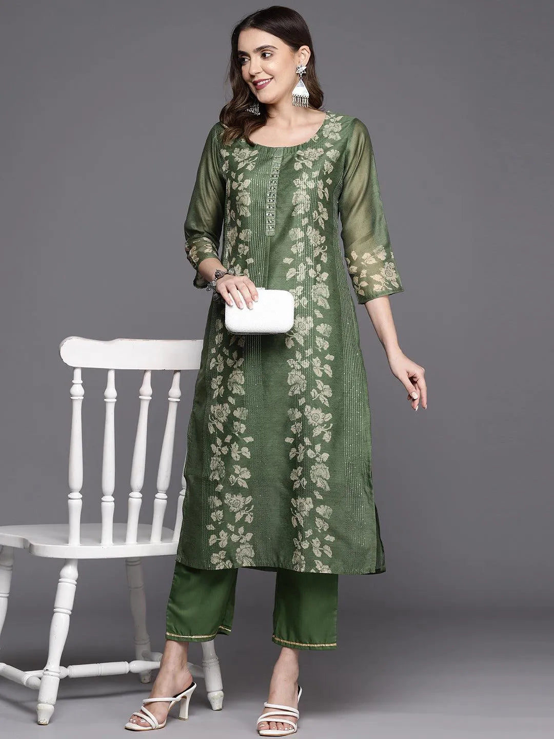 Olive Printed Silk Blend Straight Kurta With Trousers - Libas 