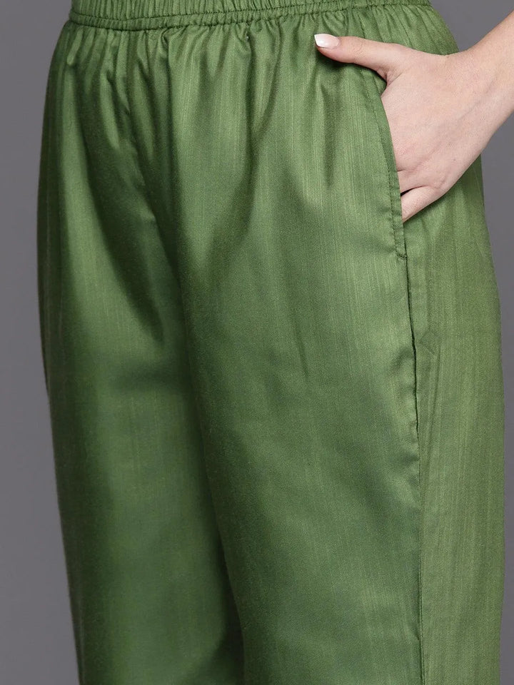 Olive Printed Silk Blend Straight Kurta With Trousers - Libas