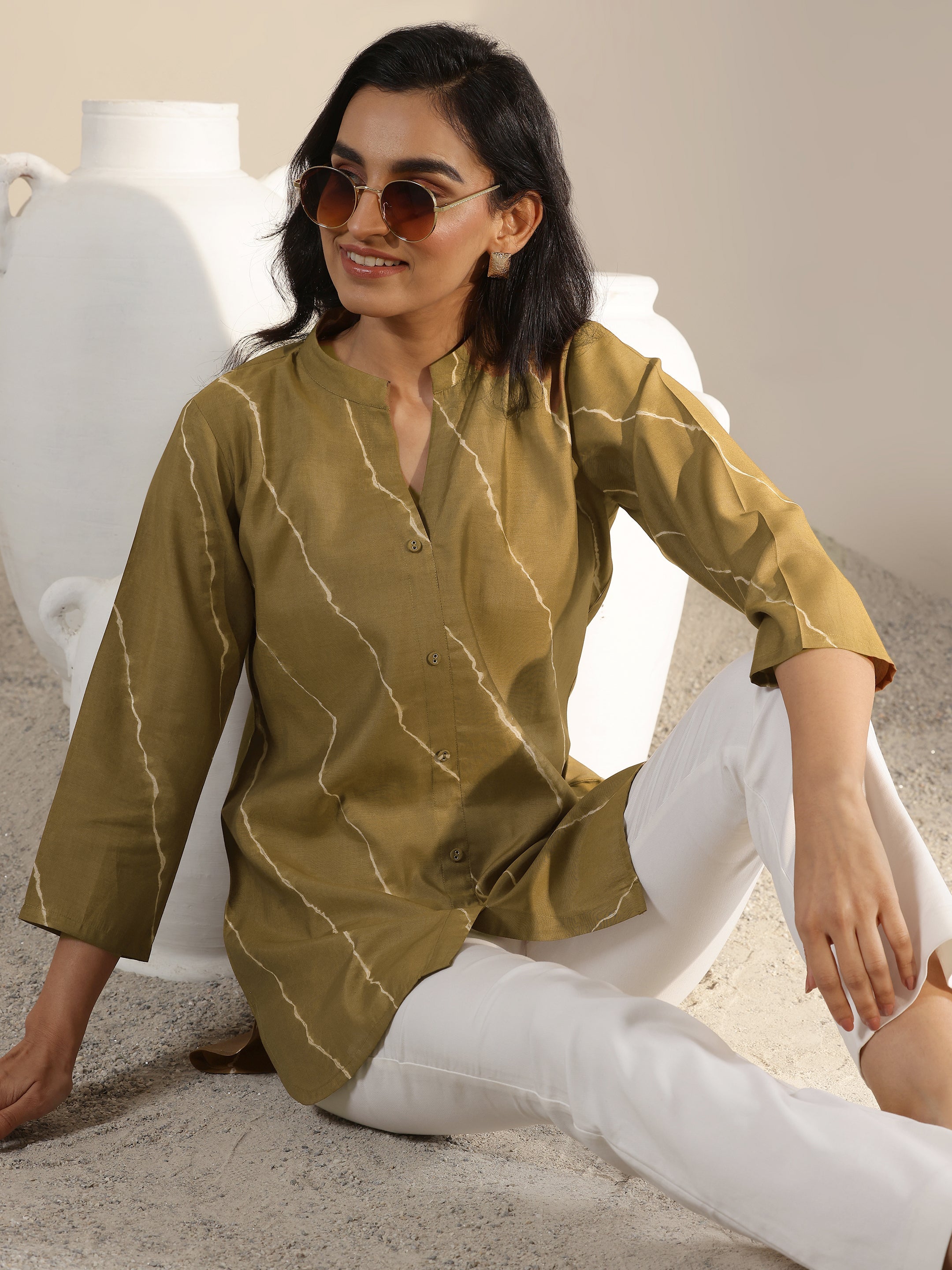 Olive Printed Silk Blend Straight Short Kurti-image-17