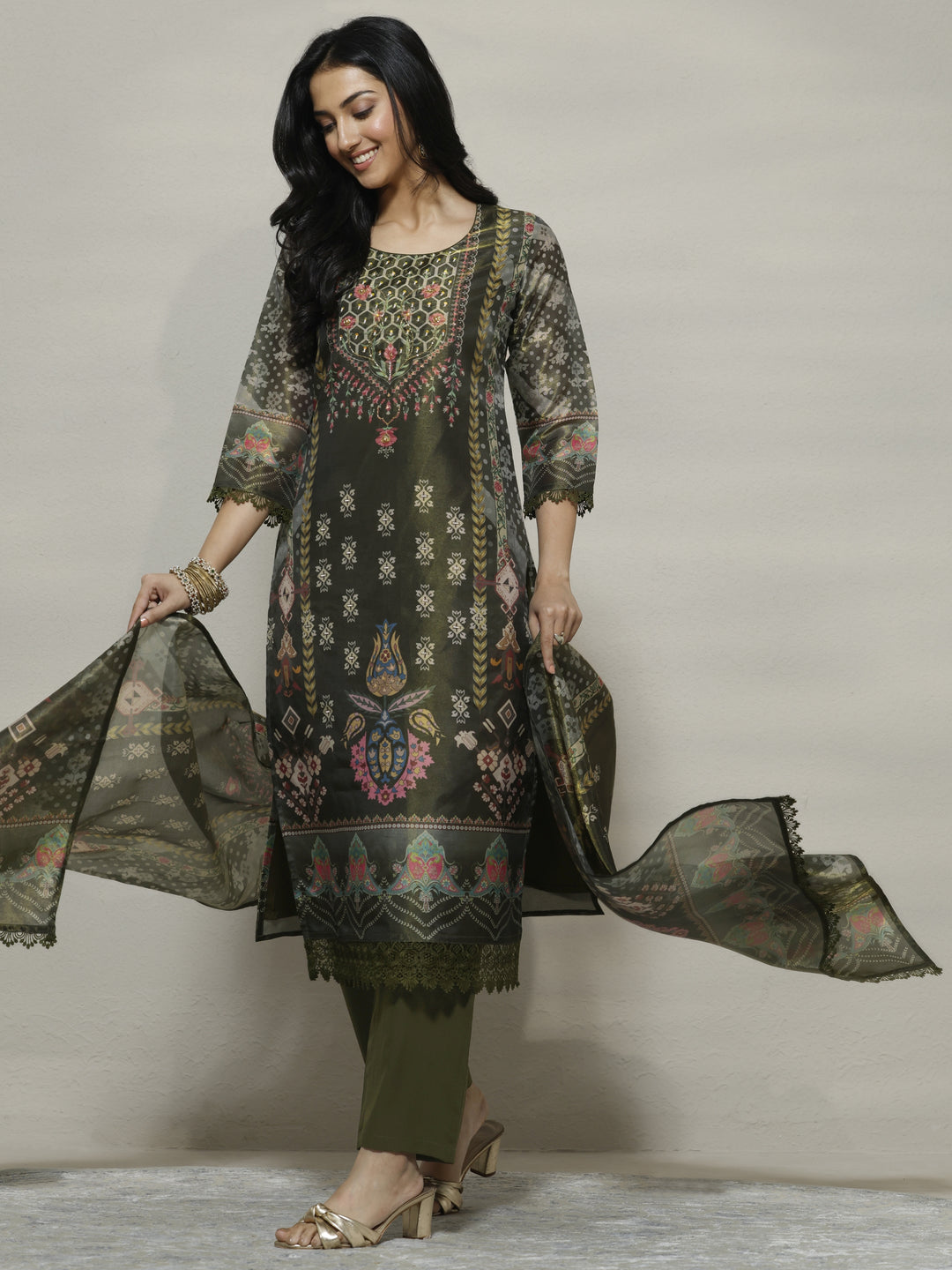 Olive Printed Silk Blend Straight Suit Set With Dupatta