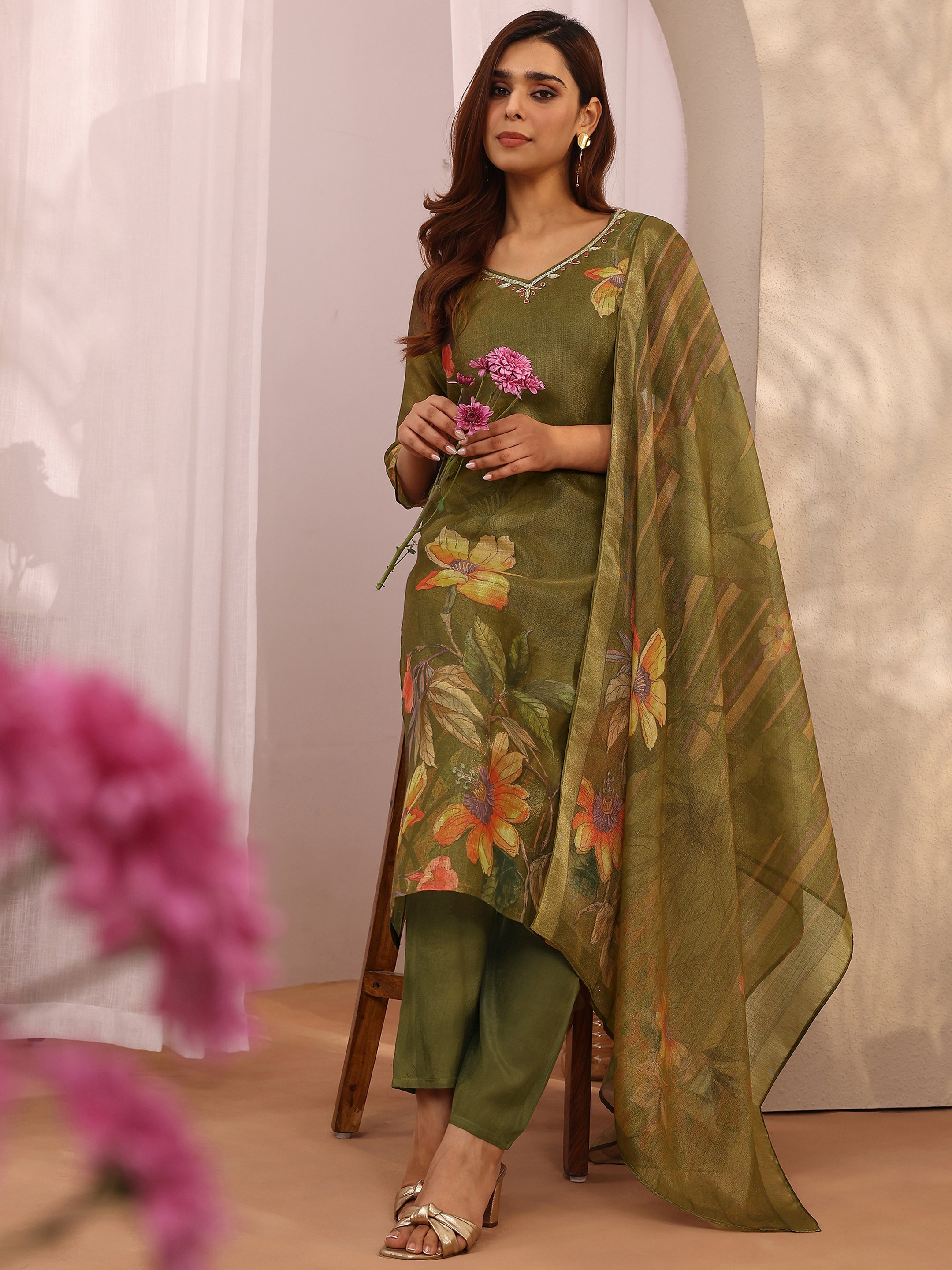 Olive Printed Silk Blend Straight Suit Set With Dupatta-image-13