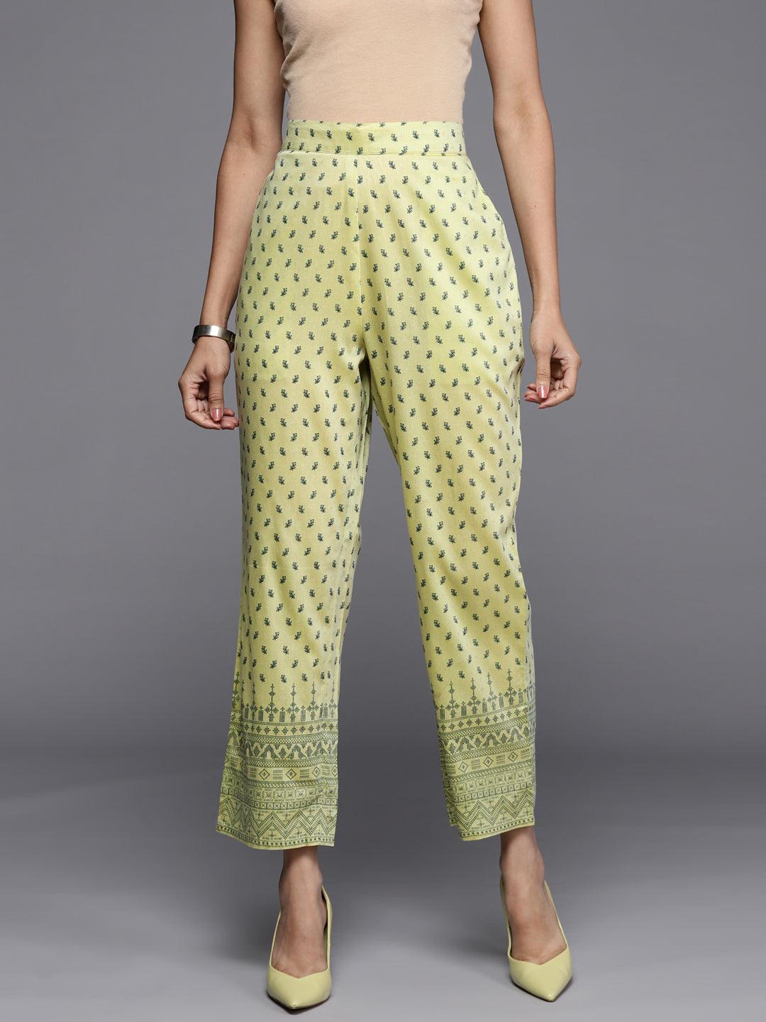 Olive Printed Silk Trousers - Libas