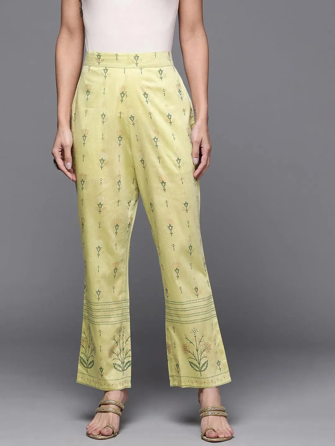 Olive Printed Silk Trousers - Libas