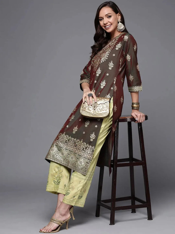 Olive Printed Silk Trousers - Libas