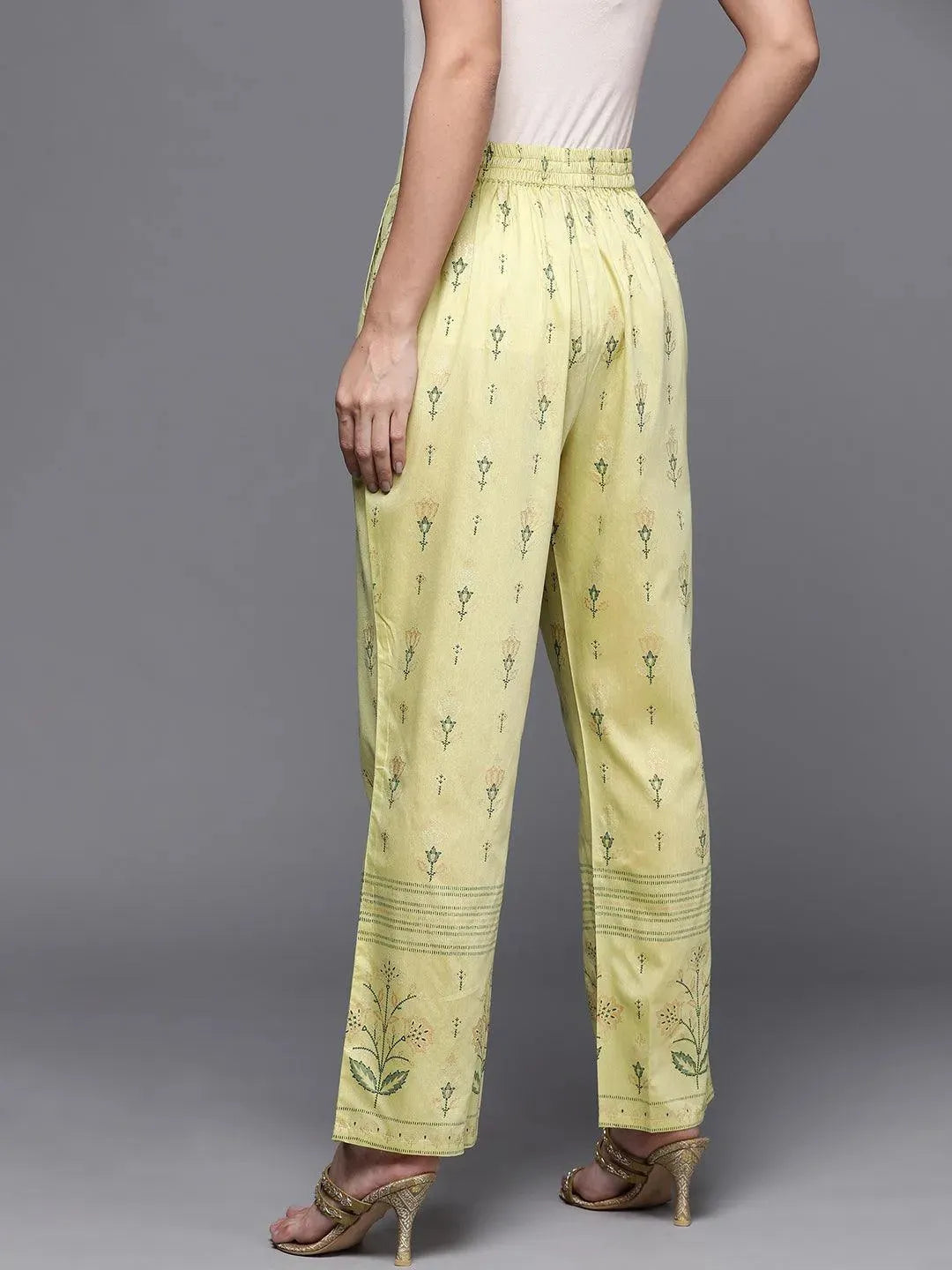 Olive Printed Silk Trousers - Libas