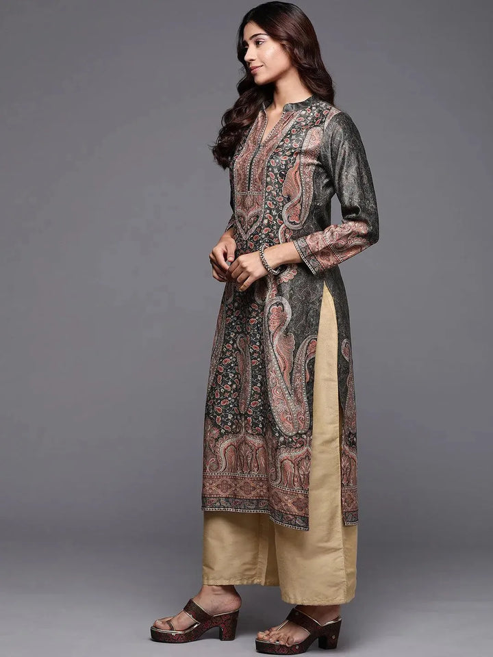 Olive Printed Velvet Straight Kurta - Libas