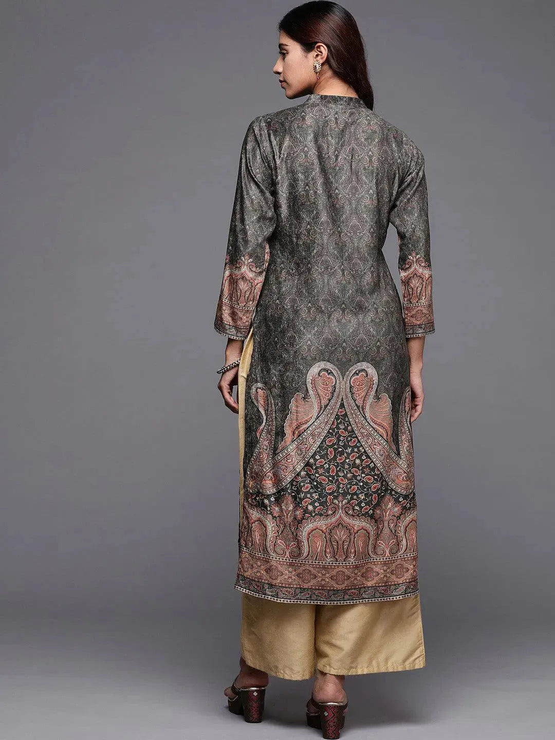 Olive Printed Velvet Straight Kurta - Libas 