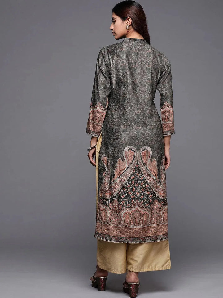 Olive Printed Velvet Straight Kurta - Libas