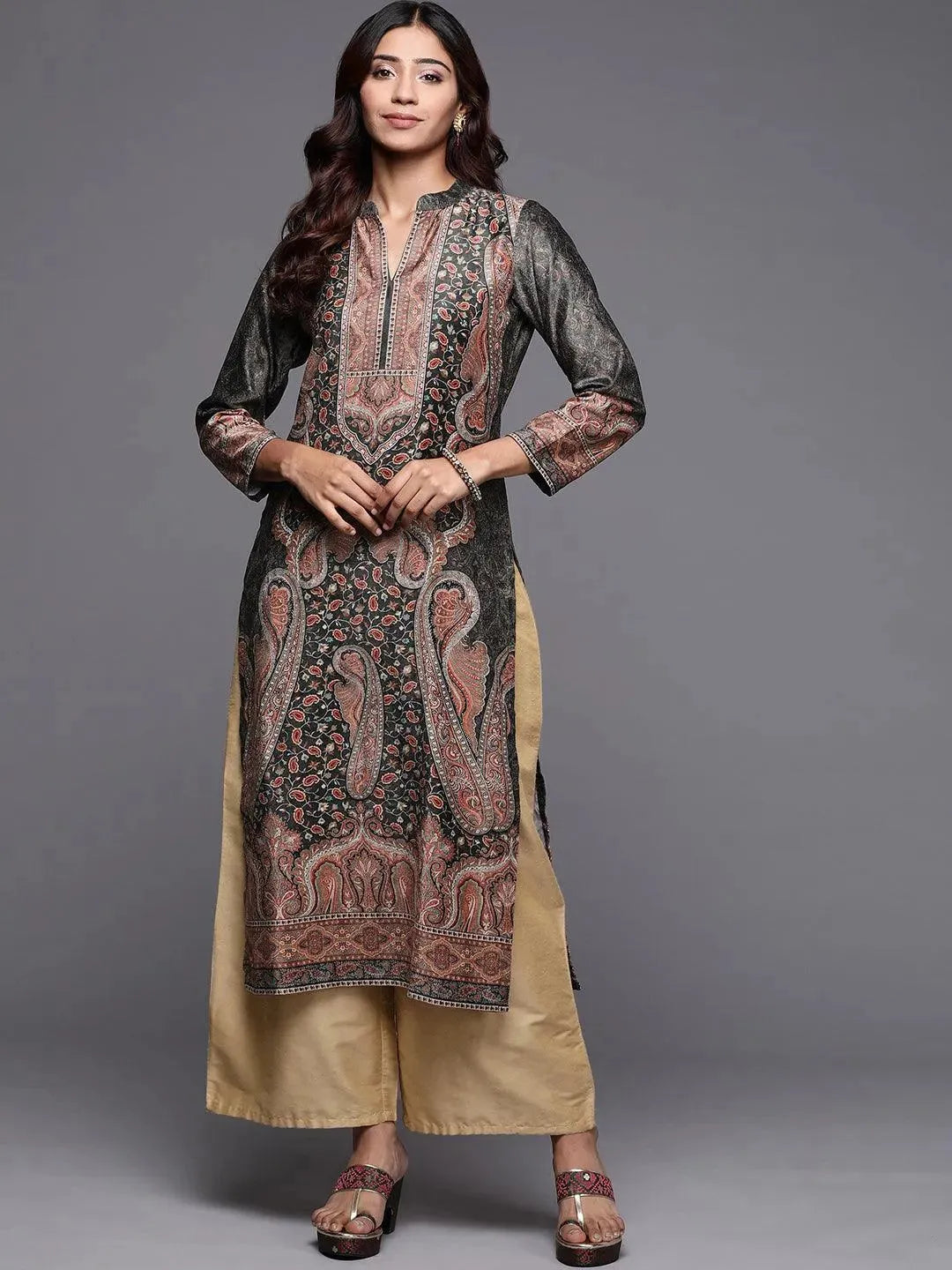 Olive Printed Velvet Straight Kurta - Libas 