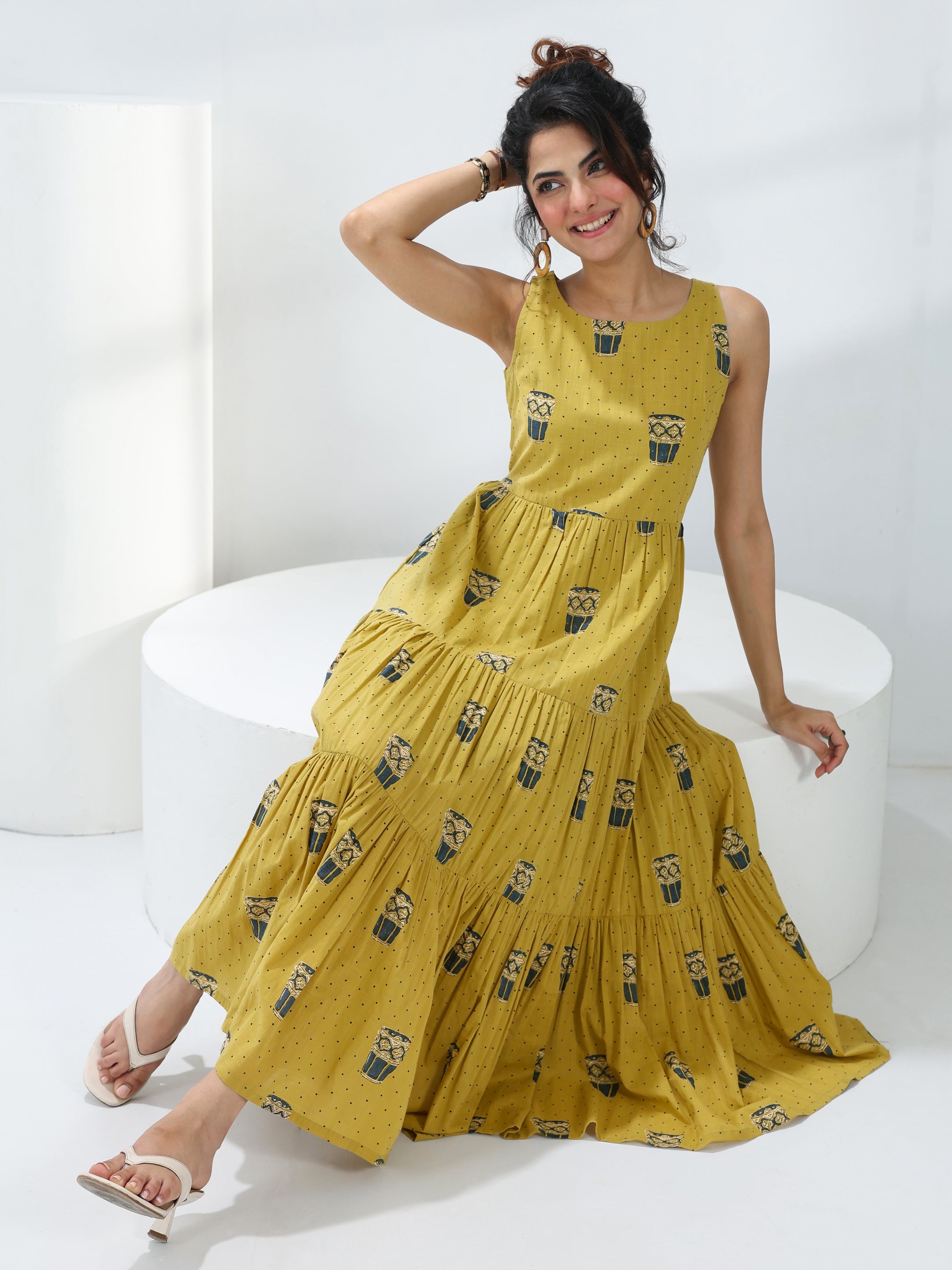 Libas Olive Quirky Printed Cotton Fit-And-Flare One-Piece Tiered Dress-image-19