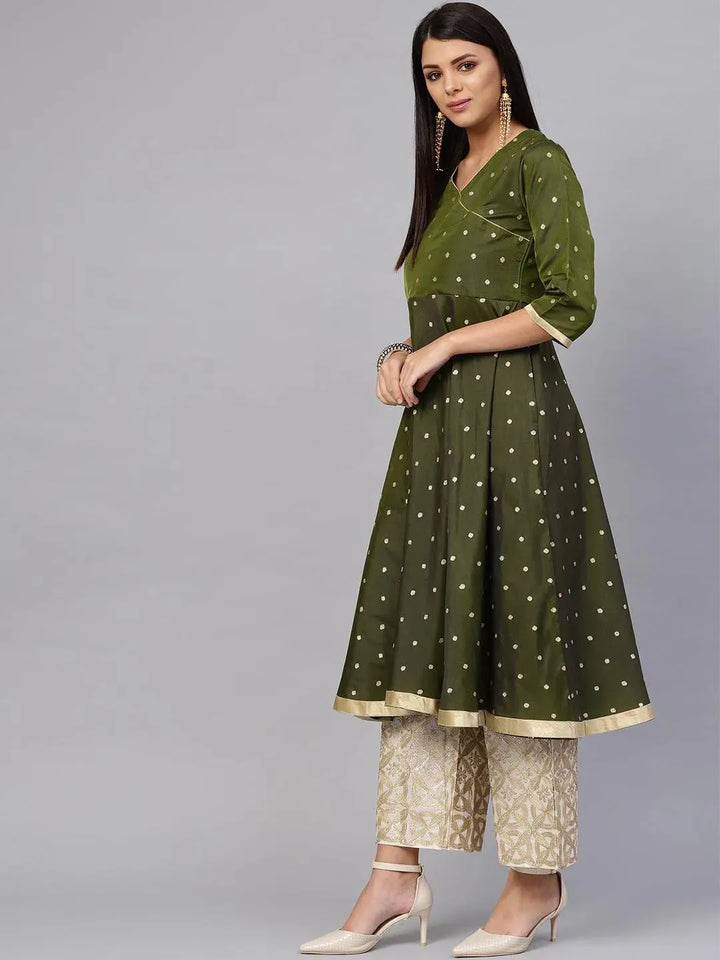 Olive Green Self Design Chanderi Kurta Set - Libas