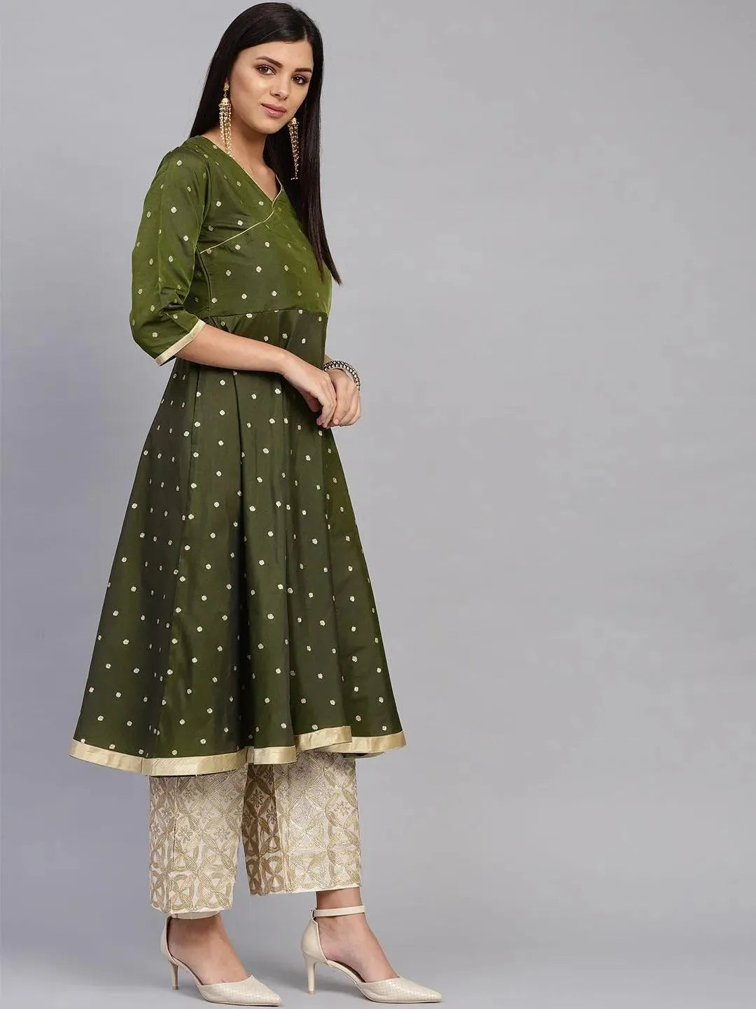 Olive Green Self Design Chanderi Kurta Set - Libas