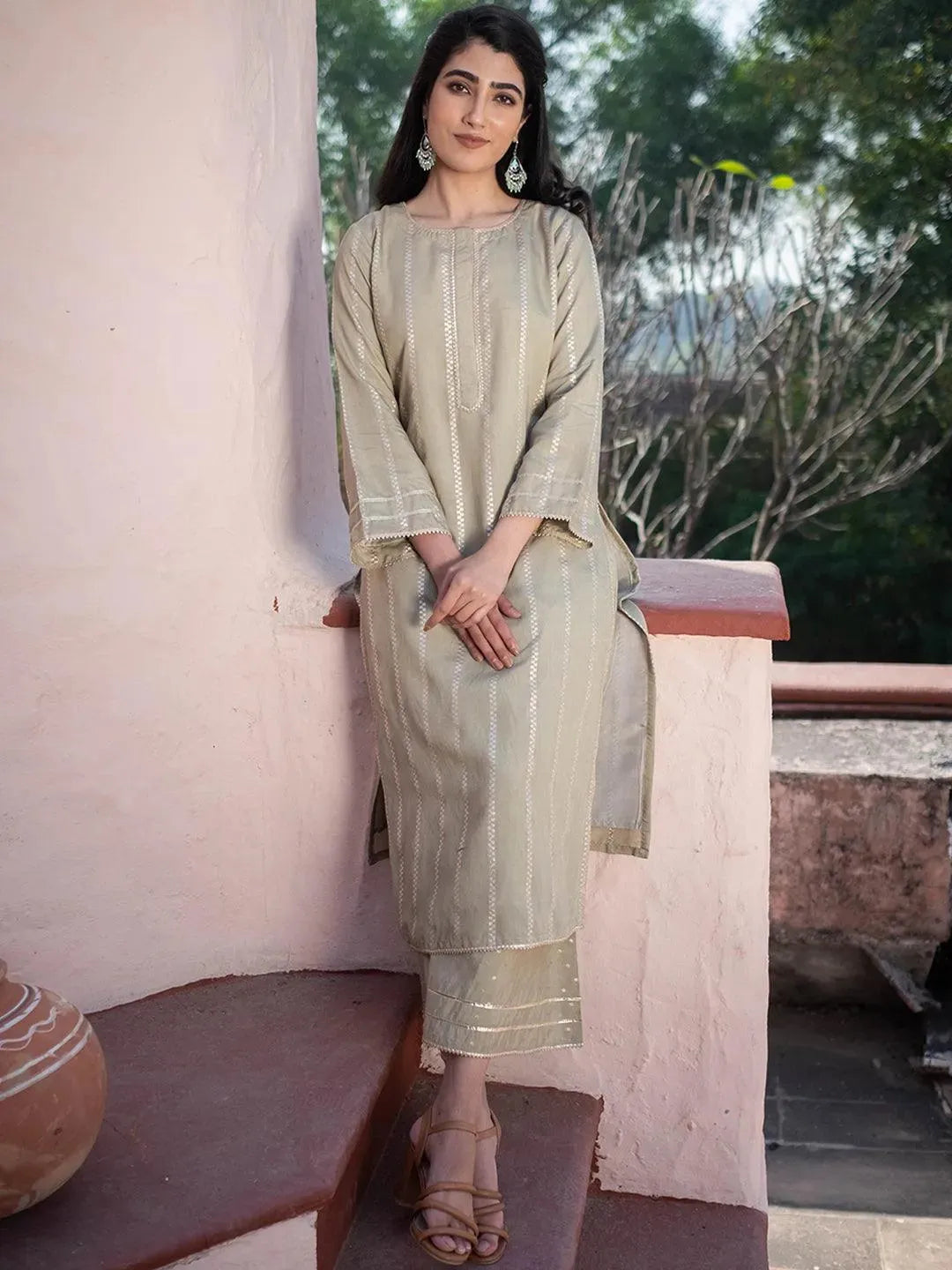 Olive Green Self Design Chanderi Silk Kurta Set - Libas