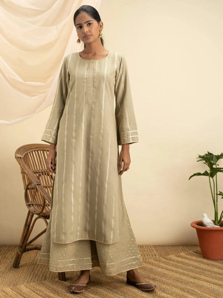 Olive Green Self Design Chanderi Silk Kurta Set - Libas