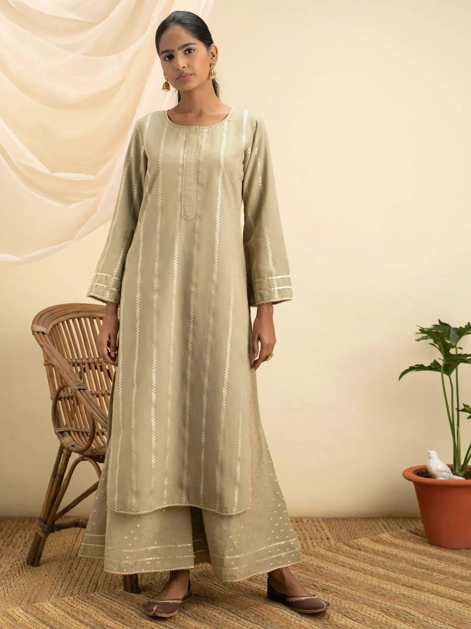 

Buy Olive Green Self Design Chanderi Silk Kurta Set - 13089O-XS | Libas Ethnic Wear Online