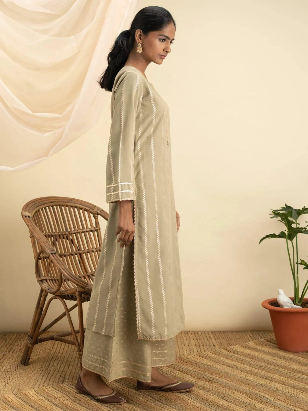 Olive Green Self Design Chanderi Silk Kurta Set - Libas 