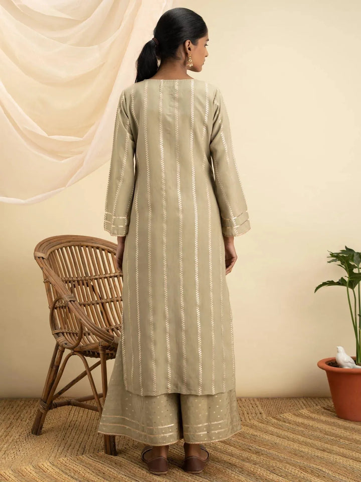 Olive Green Self Design Chanderi Silk Kurta Set - Libas