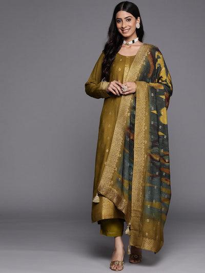 Olive Self Design Pashmina Wool Straight Suit Set - Libas