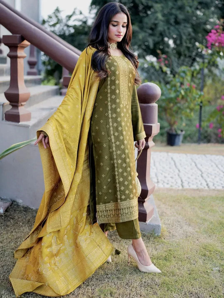 Libas Olive Self Design Pashmina Wool Straight Kurta With Dupatta