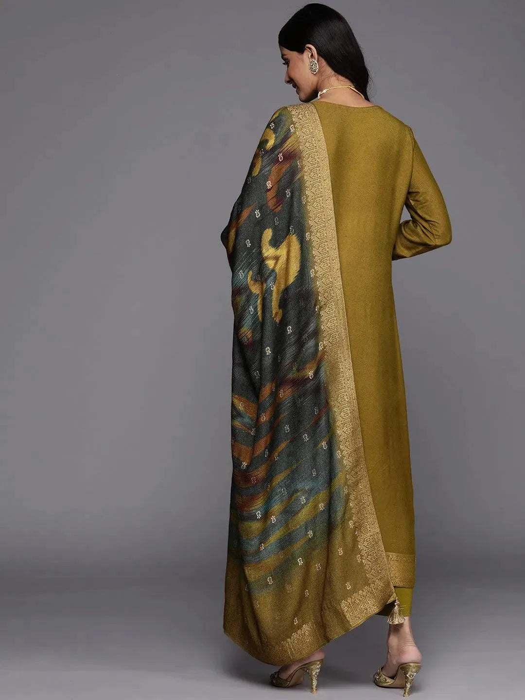 Olive Self Design Pashmina Wool Straight Suit Set - Libas 
