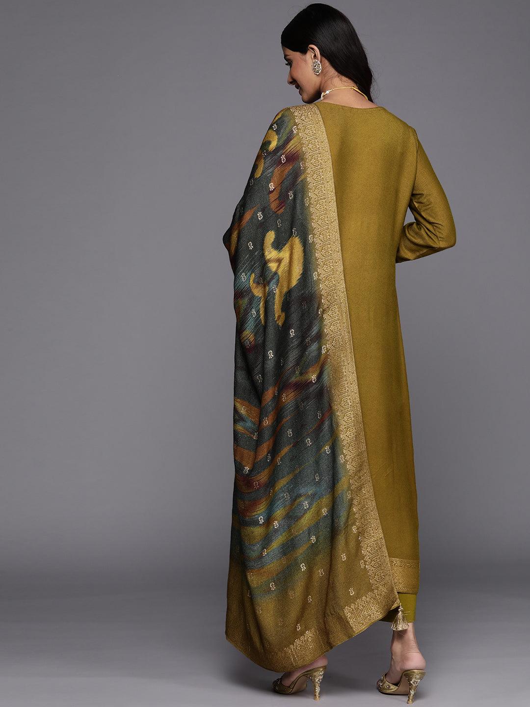 Olive Self Design Pashmina Wool Straight Suit Set - Libas
