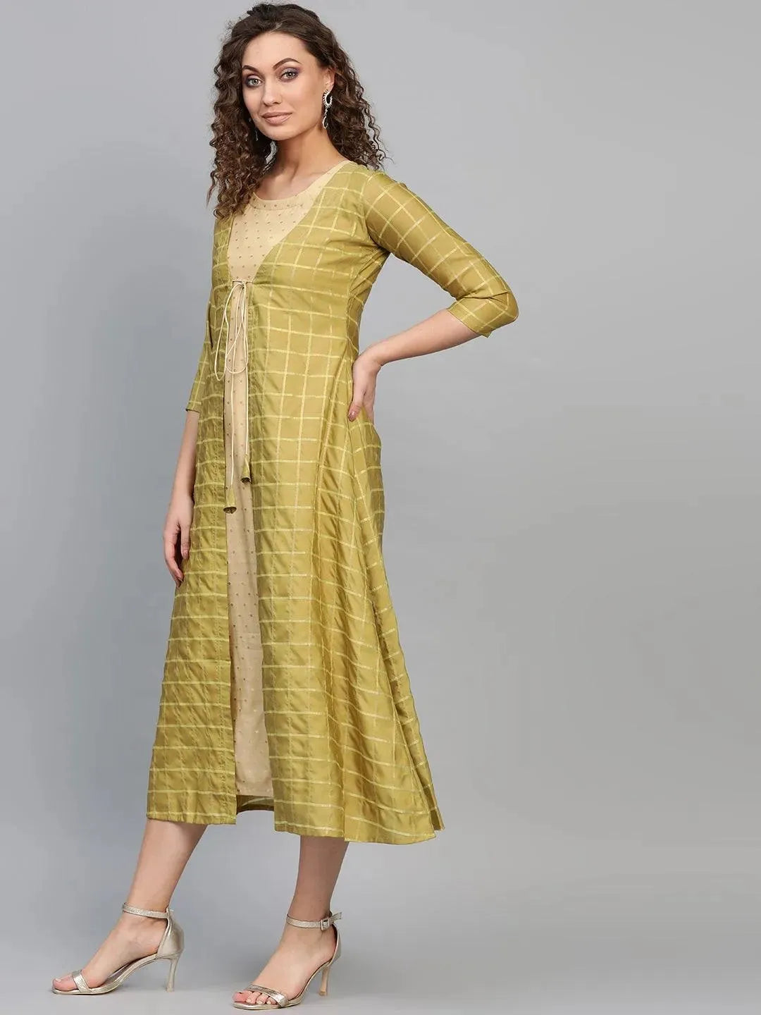 Olive Self Design Polyester Dress With Jacket - Libas 