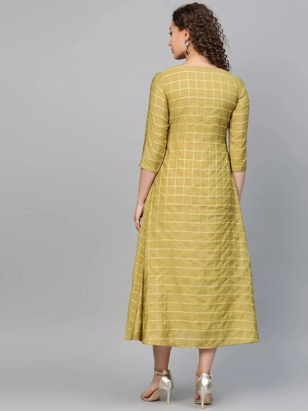 Olive Self Design Polyester Dress With Jacket - Libas 