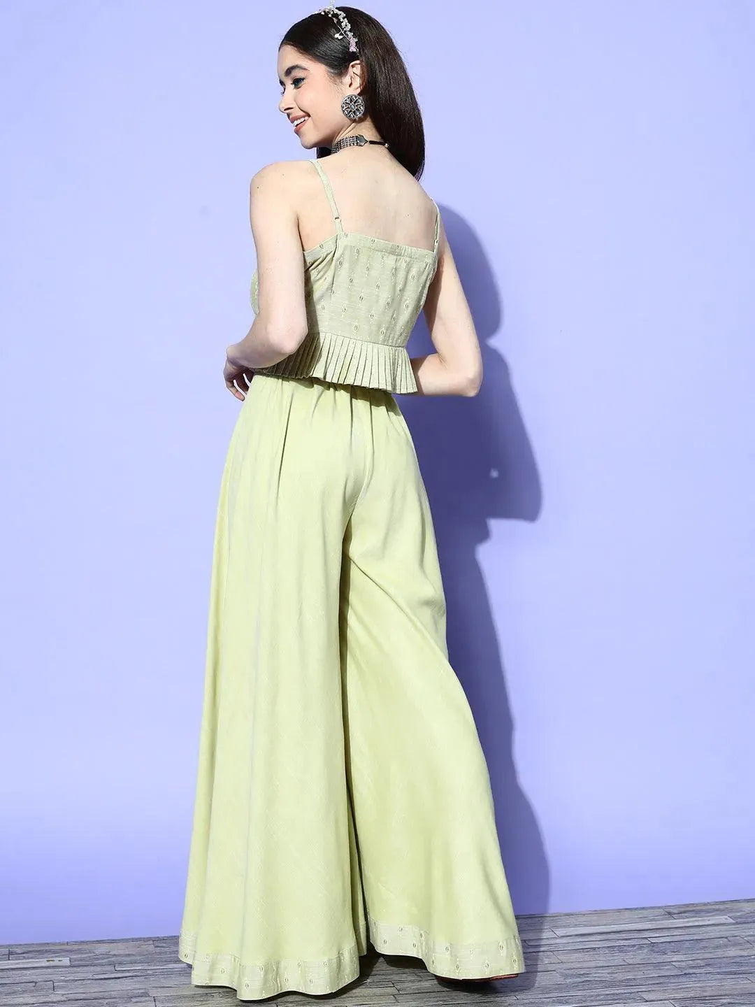 Buy Olive Self Design Silk Blend Top With Palazzos Online at Rs