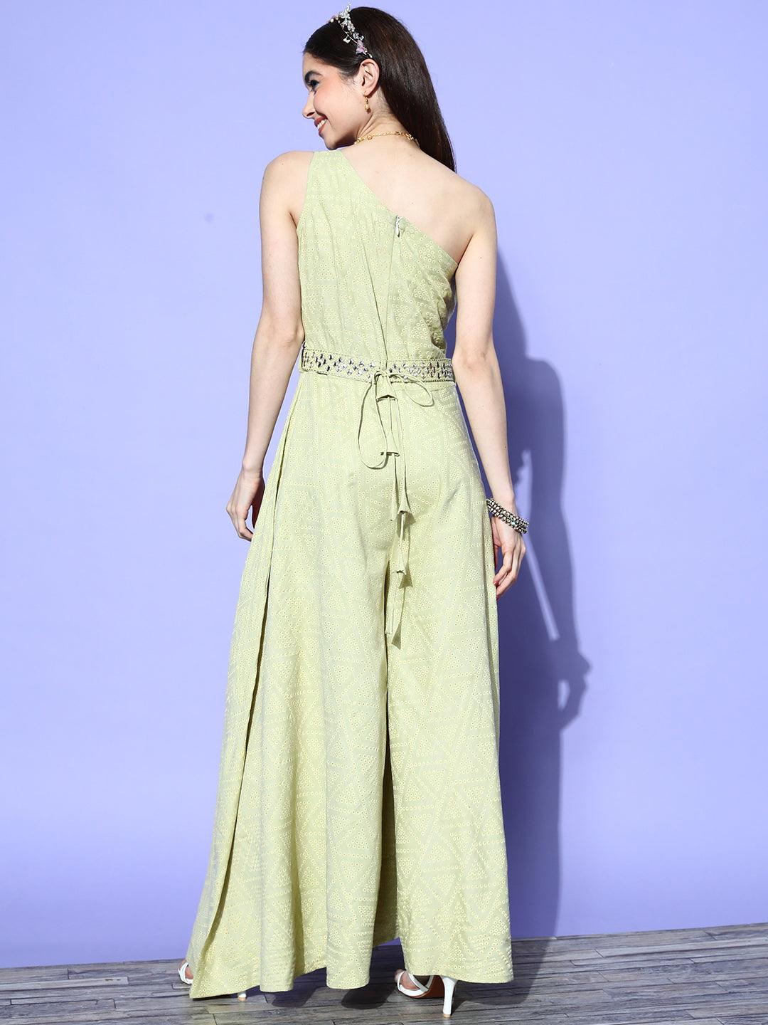 Olive Self Design Silk Jumpsuit