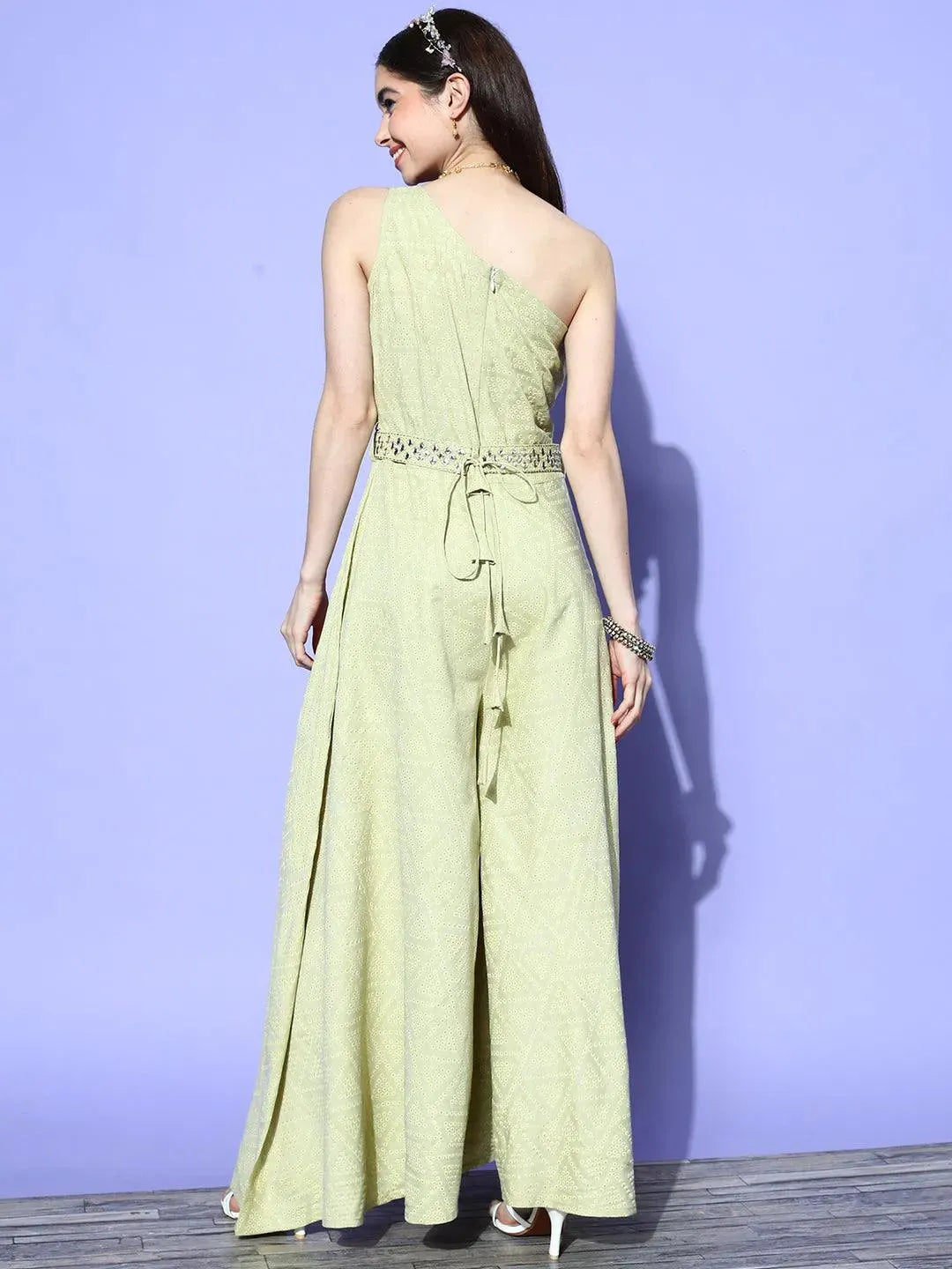 Olive Self Design Silk Jumpsuit - Libas 