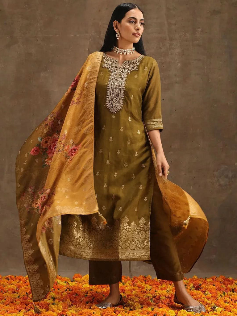 Libas Olive Self Design Silk Straight Kurta With Trousers & Dupatta