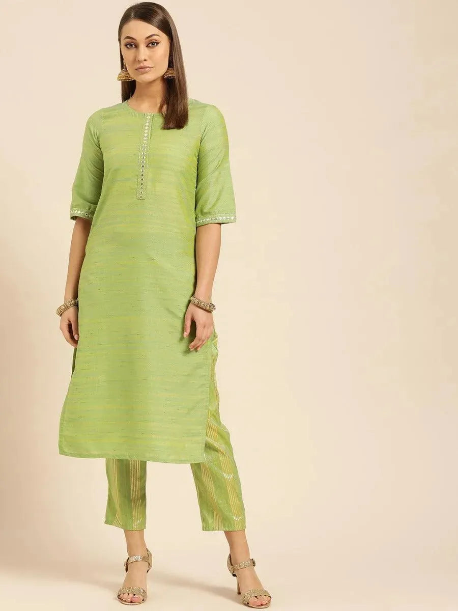 Olive Green Self Design Silk Kurta Set - Libas