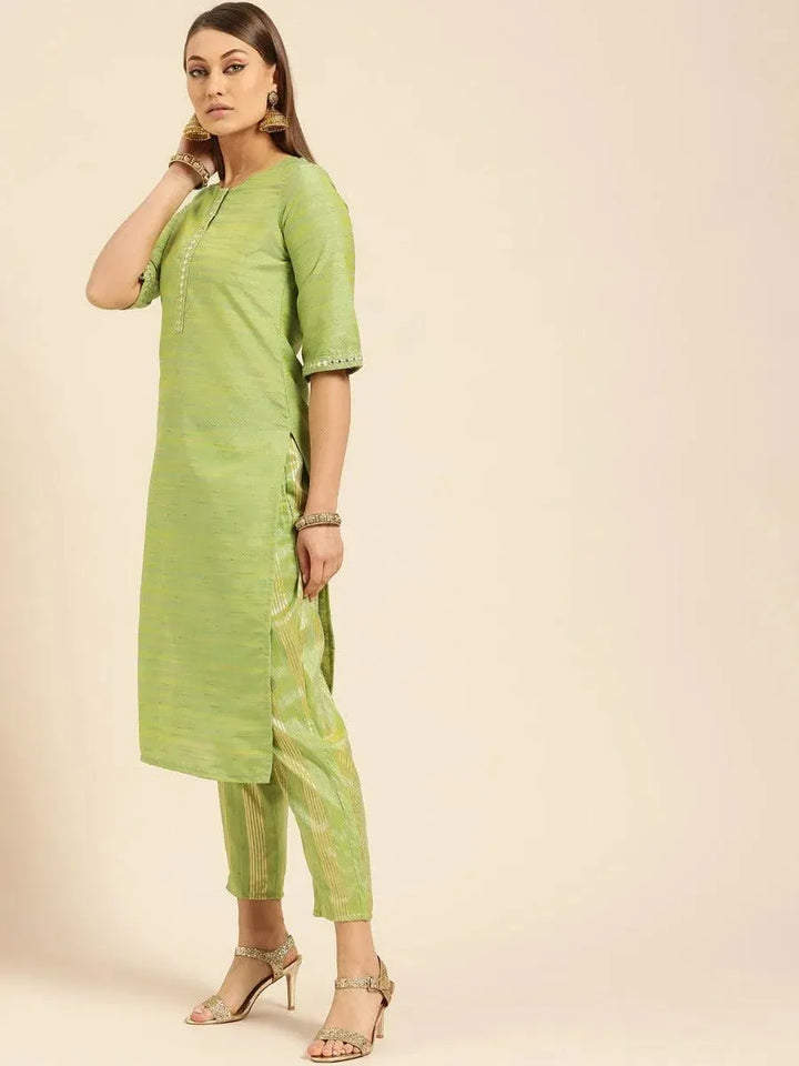 Olive Green Self Design Silk Kurta Set - Libas