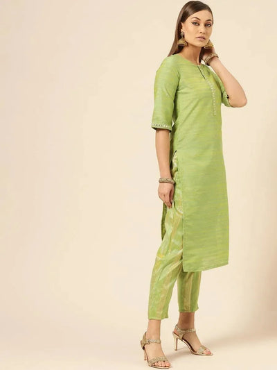 Olive Green Self Design Silk Kurta Set - Libas