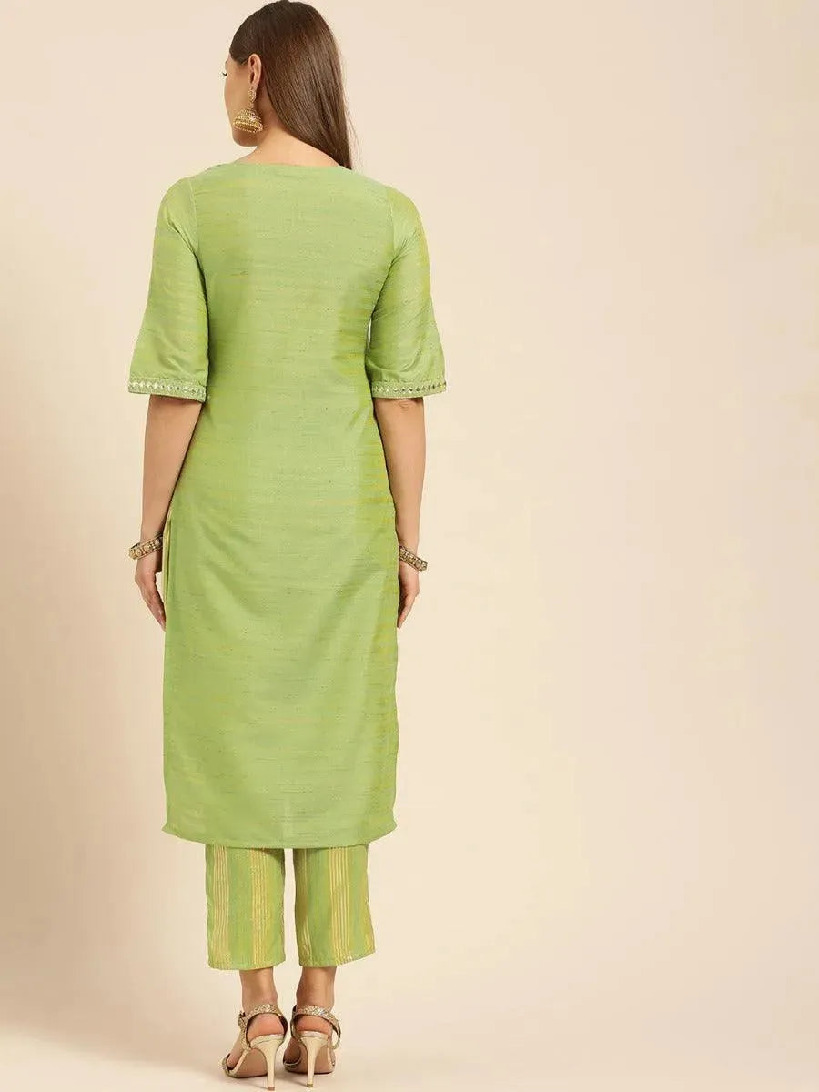 Olive Green Self Design Silk Kurta Set - Libas 