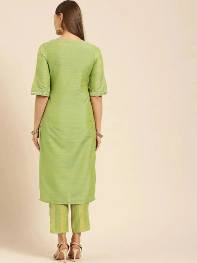 Olive Green Self Design Silk Kurta Set - Libas