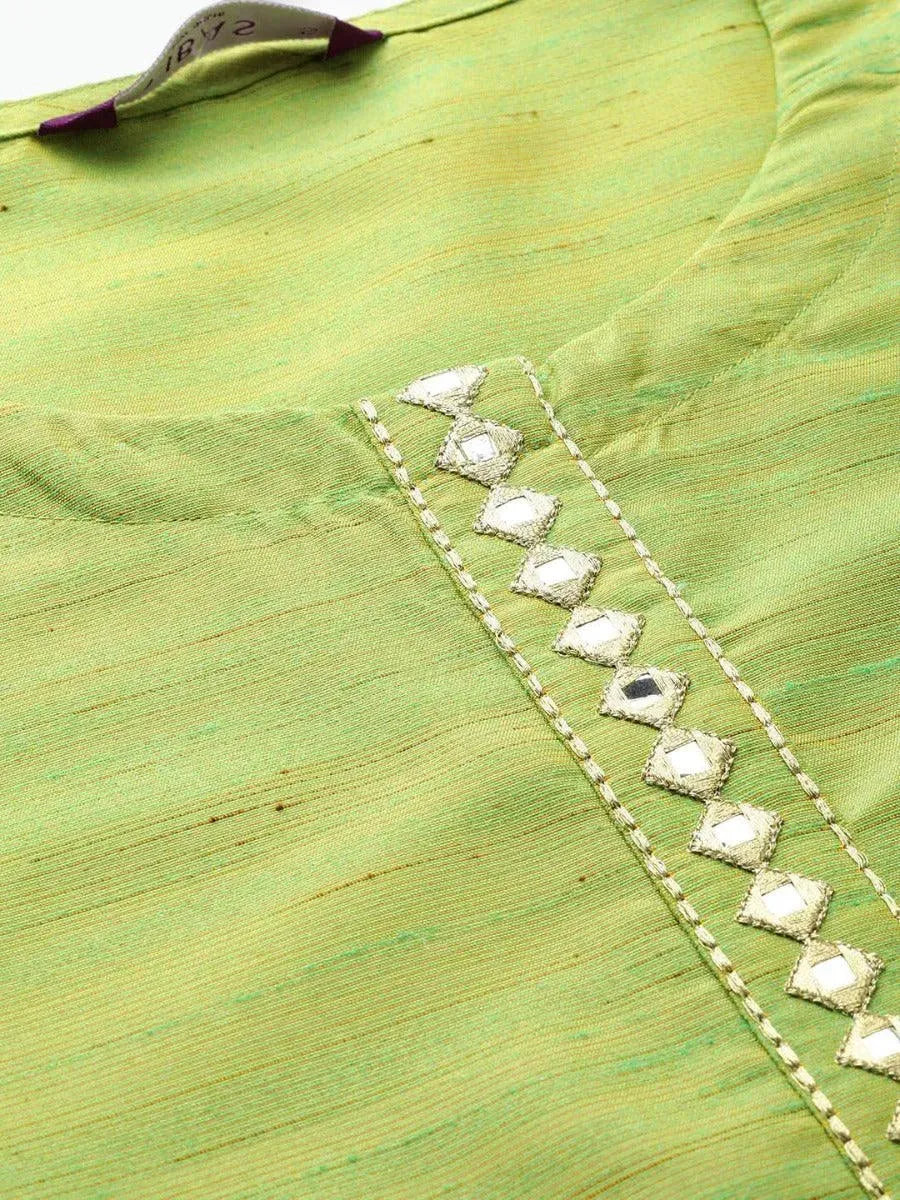Olive Green Self Design Silk Kurta Set - Libas 