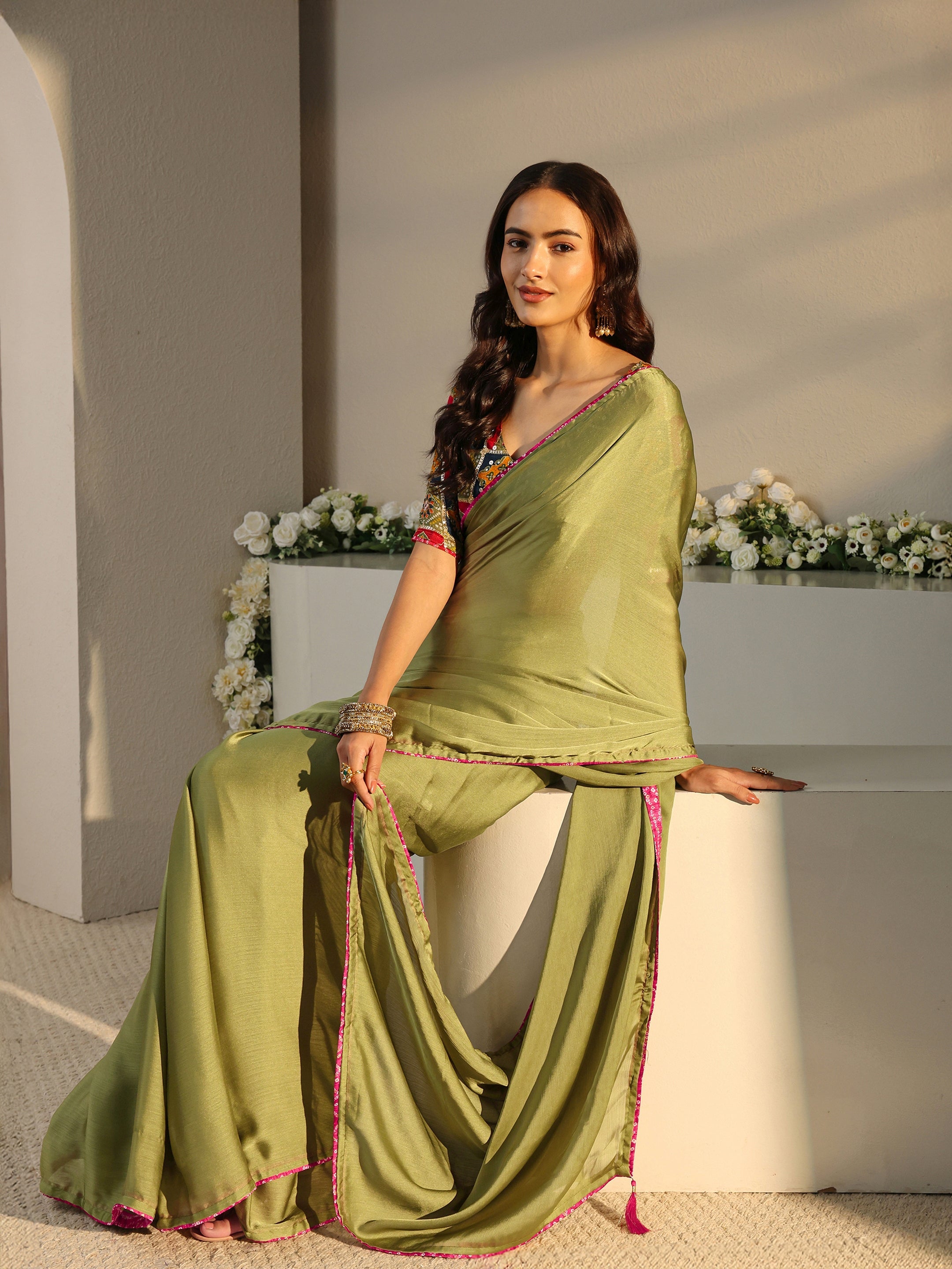 Olive Solid Chiffon Saree With Unstitched Blouse Piece-image-41