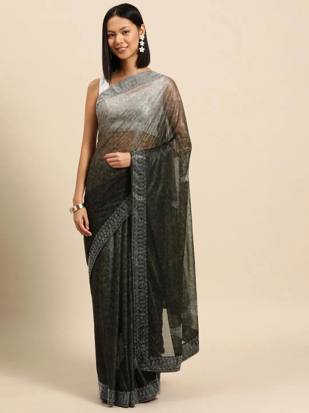 Olive Solid Lycra Saree - Libas