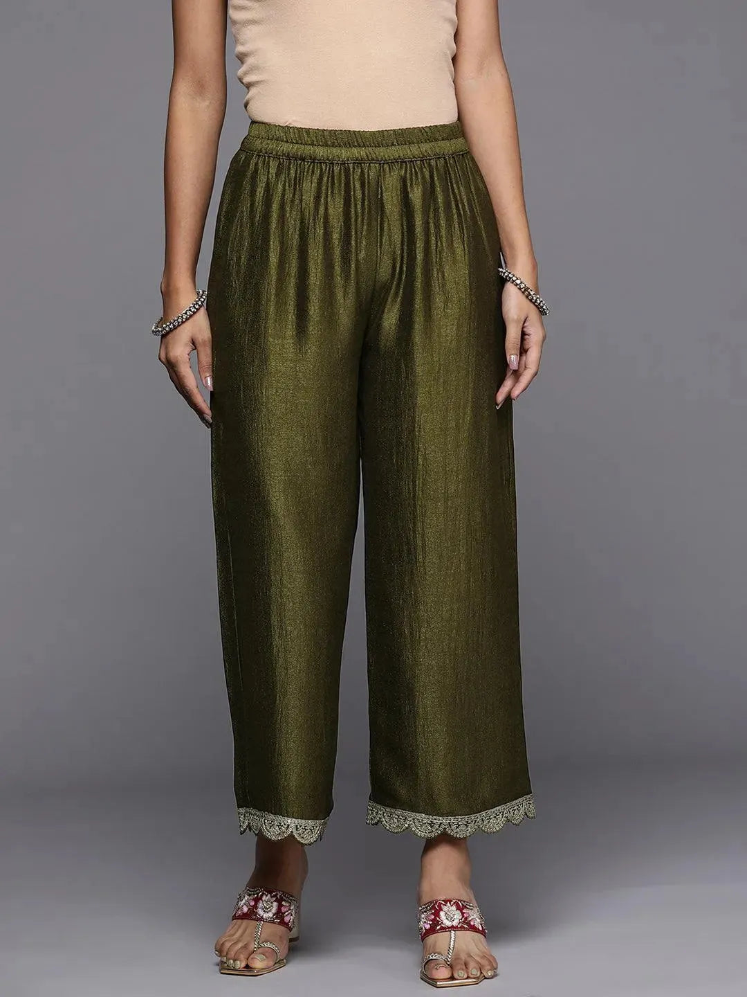 Olive Solid Silk Blend Palazzos - Libas 