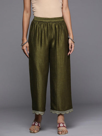 Olive Solid Silk Blend Palazzos - Libas
